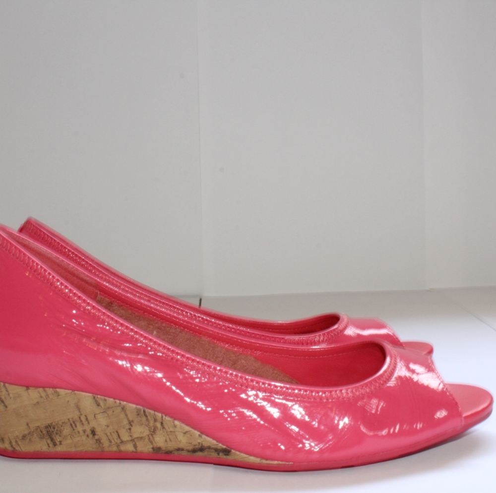 Cole Haan Pink Patent Leather Peep-Toe Wedges with Cork Heel - Picture 6 of 16